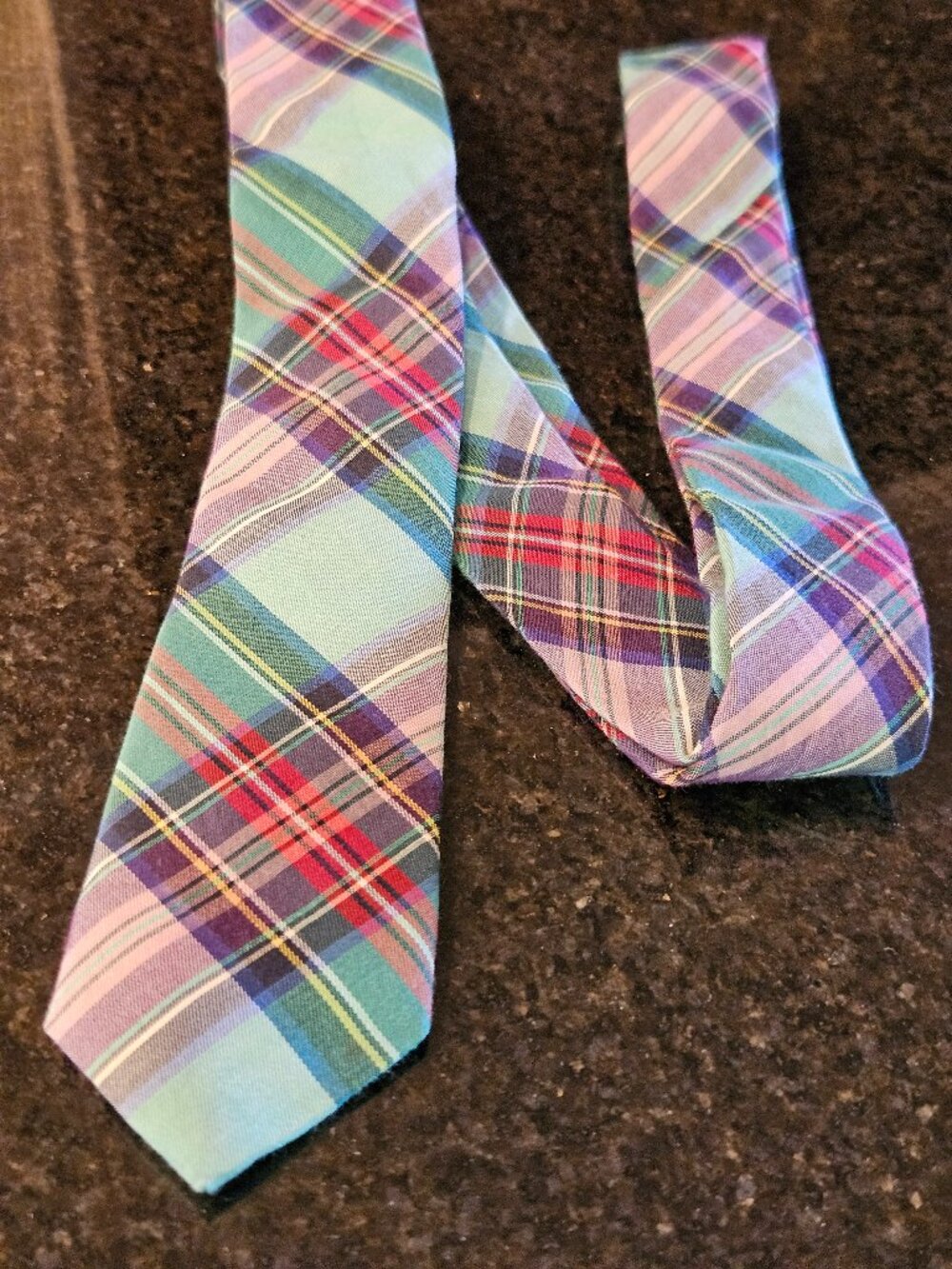 Zara Man Skinny Neck Tie Madras Plaid Cotton Mulberry Silk Preppy